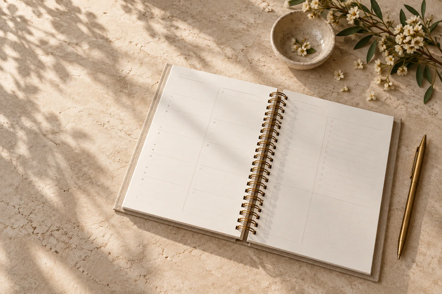 Open linen planner beside a pen and flowers