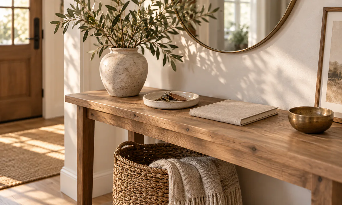 Calm entry table with a linen notebook, basket and olive branches