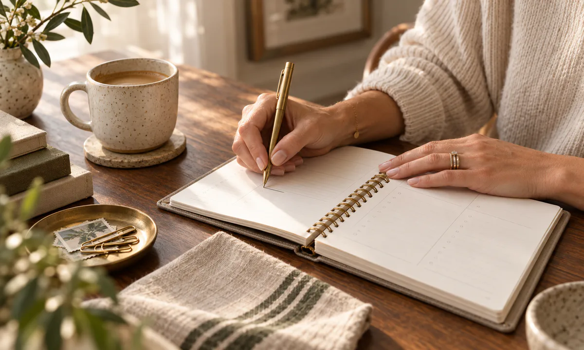 Hands writing in an open planner beside a ceramic cup