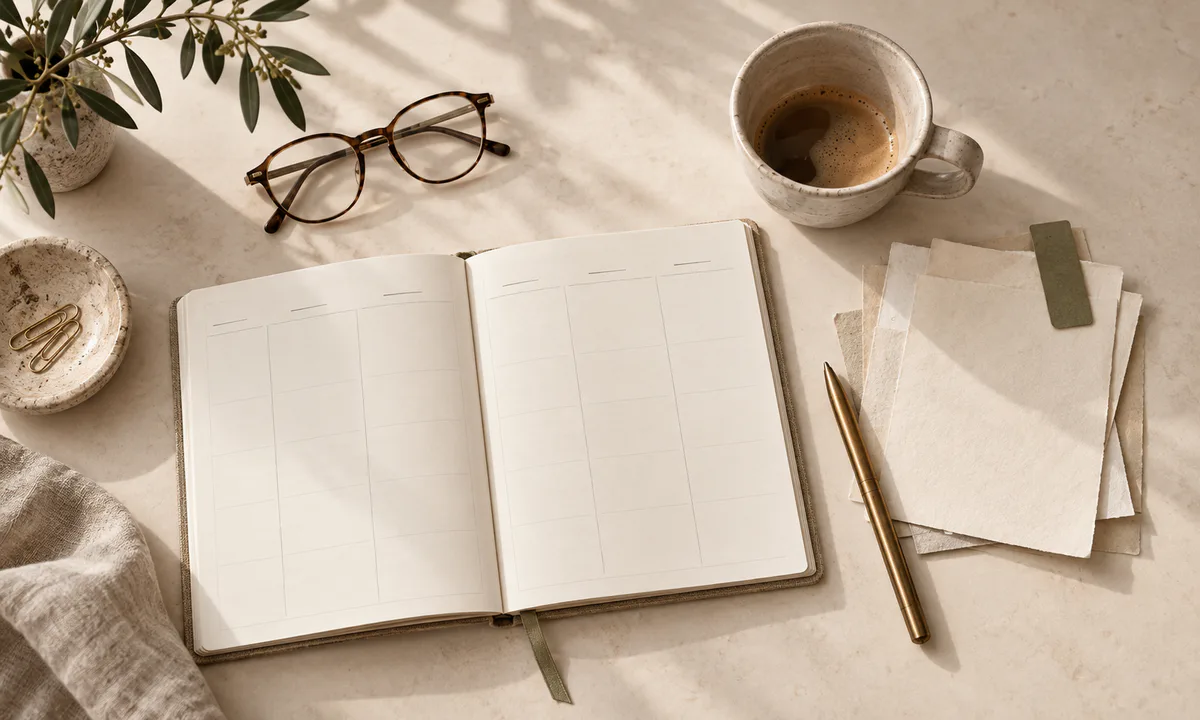 Open weekly planner with notes, glasses and a brass pen