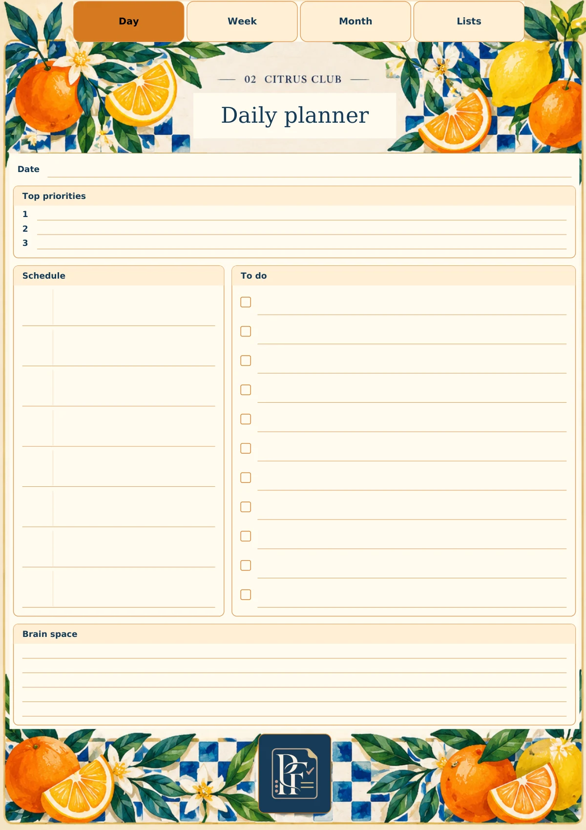 Citrus Club daily page with its original Pretty Functional artwork and writing layout