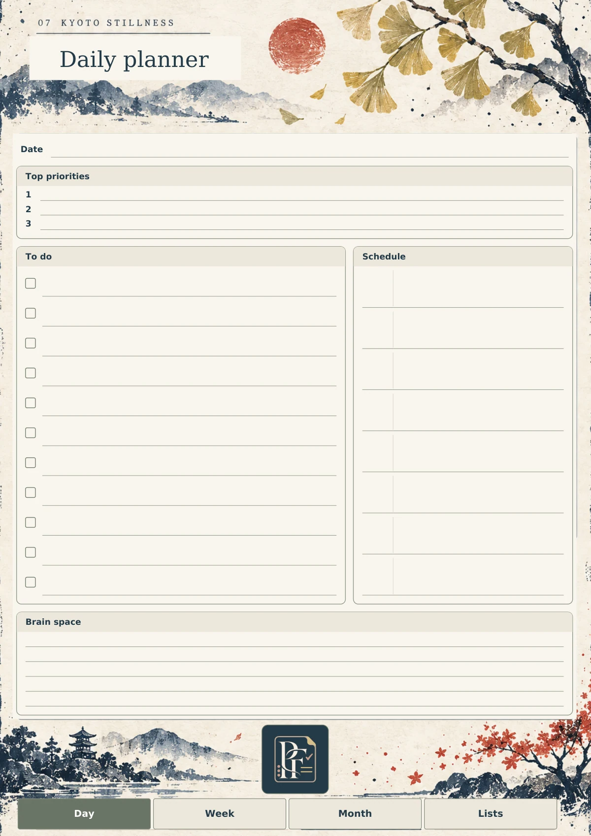 Kyoto Stillness daily page with its original Pretty Functional artwork and writing layout