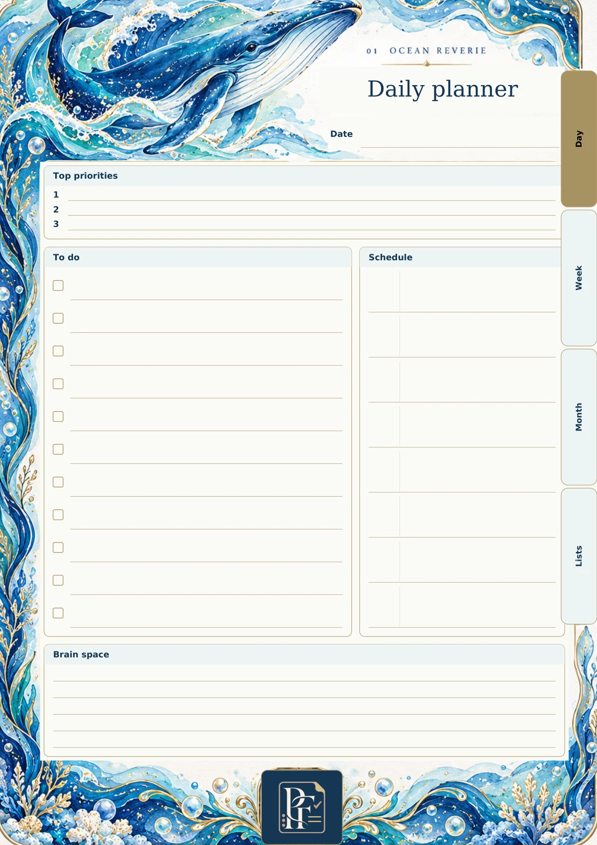 Ocean Reverie daily page with its original Pretty Functional artwork and writing layout