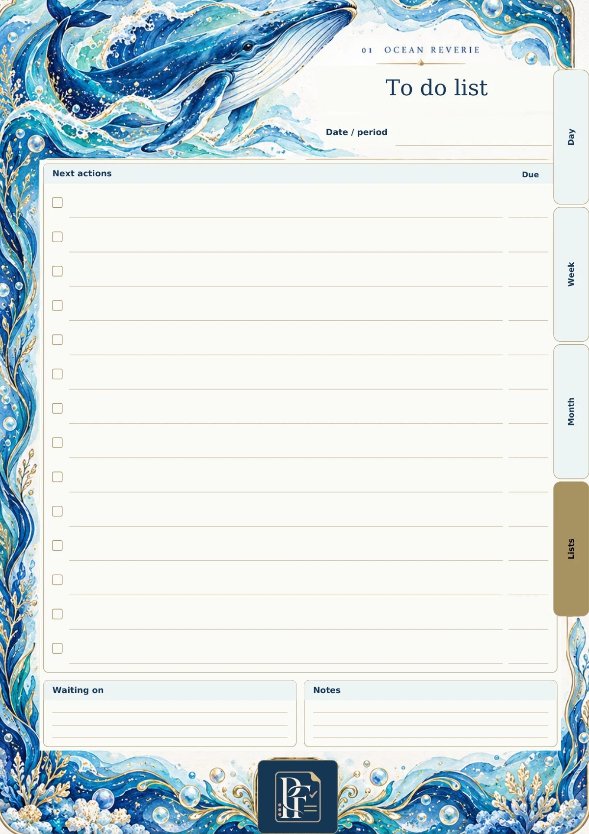 Ocean Reverie to-do list page with its original Pretty Functional artwork and writing layout