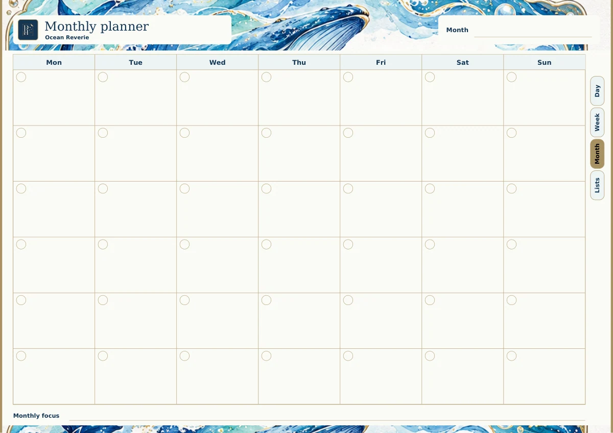 Ocean Reverie landscape monthly page with its original Pretty Functional artwork and writing layout