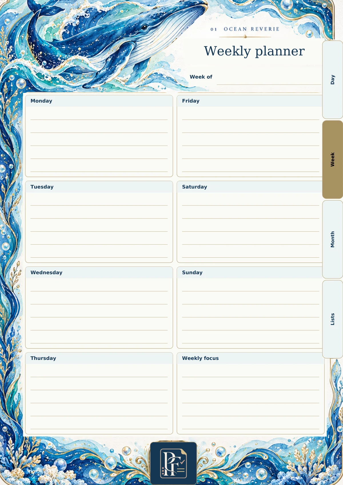 Ocean Reverie weekly page with its original Pretty Functional artwork and writing layout