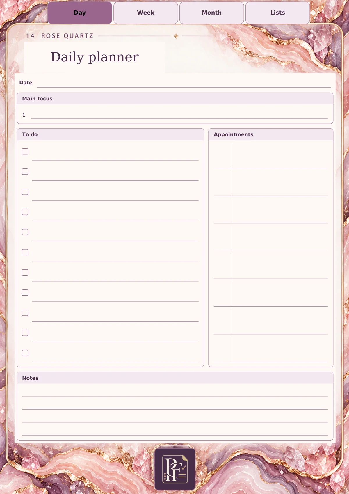 Rose Quartz daily page with its original Pretty Functional artwork and writing layout